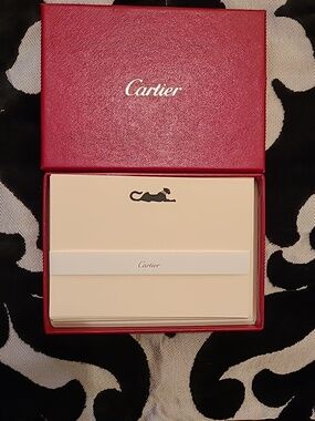 Cartier Red Box with Cream Notecards With Black & Gold Panther Design - Unused